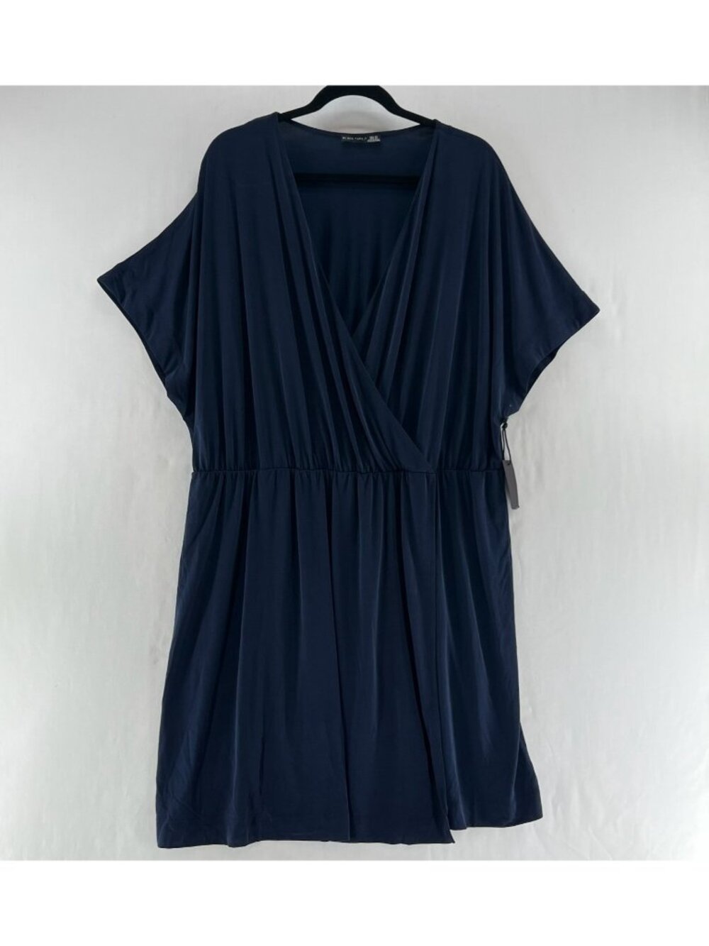 Black Tape Surplice Faux Wrap Dress Womens 2X Dolman Short Sleeve Midi Navy Blue